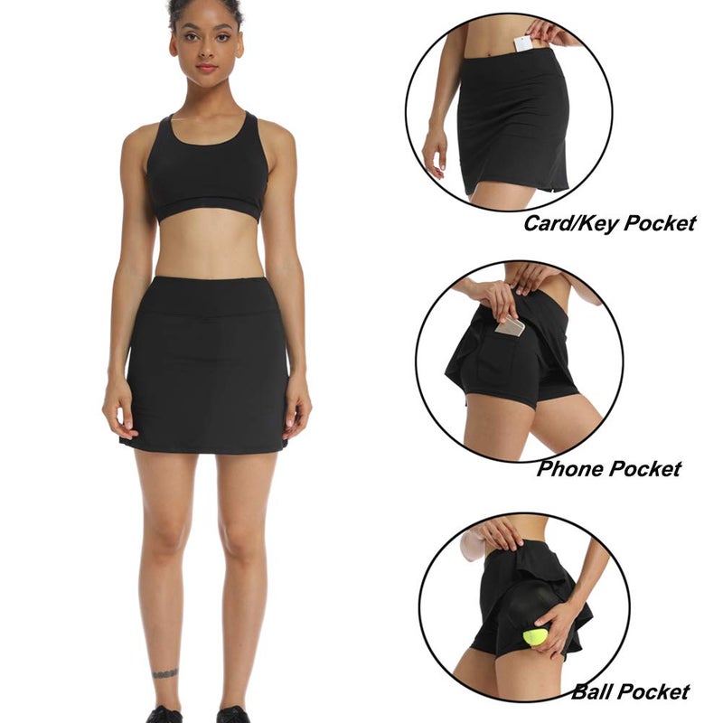 Ultrafun Women's Active Tennis Golf Skort Pleated Athletic Sports Running Skirt with Pockets and Shorts (Black, Medium) - Image 2